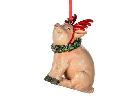 Ornement - Cochon de Noël assis avec couronne