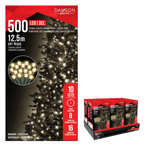 500 lumières LED 5mm, intérieur/extérieur, 10 fonctions avec minuterie (blanc chaud)