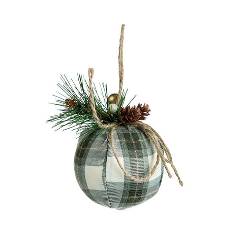 Boule en tissu décorée, motif tartan gris/vert, 10cm