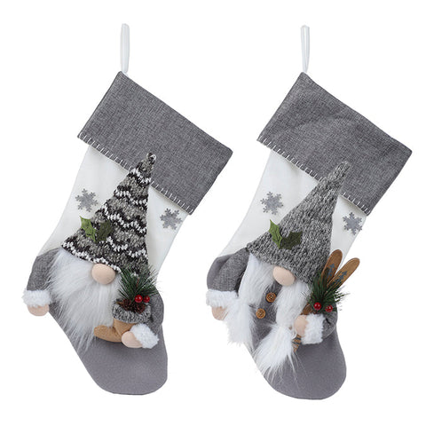 Bas de Noël en tissu, design gnome père noël, gris/blanc (52cm)