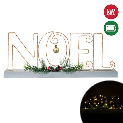 Enseigne de table lumineuse "Noel" bois/métal avec pin, blanc 53 x 21,5 cm