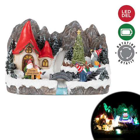 Village gnome en polyresine avec arbre rotatif, rivière fibre optique, lumière led b/o 25,5 x 15,5 cm