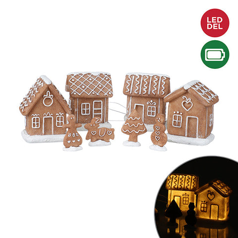 Ensemble maison en pain d'épices en polyrésine 8 pc avec lumière led, 4 maison/4 figurines fonctionnant sur batterie