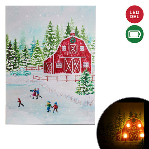 Toile lumineuse led - grange avec patinoire, 30cm x 40cm