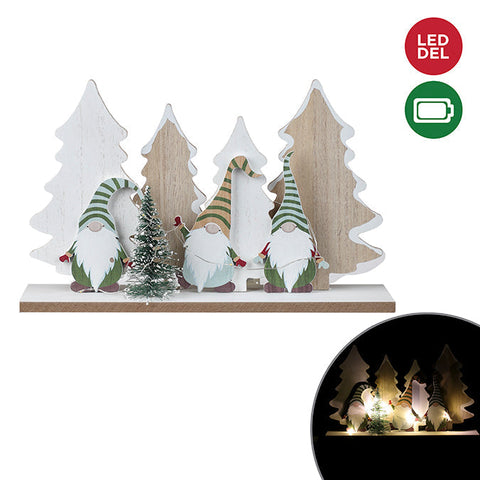 Plateau de table en bois éclairé à led avec des gnomes en forêt, fonctionnant sur batterie, 30 x 18 cm