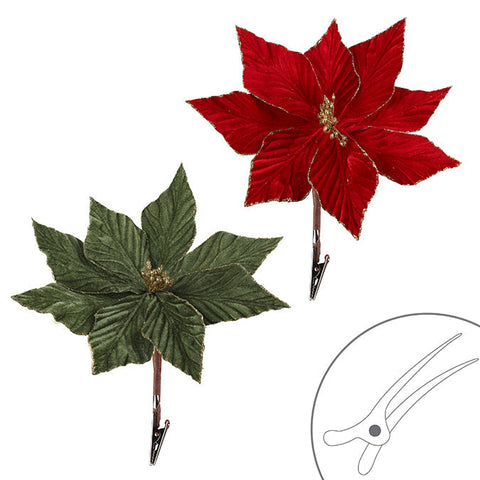 Poinsettia en velours 32 x 5cm avec bords pailletés sur clip, (rouge/vert)